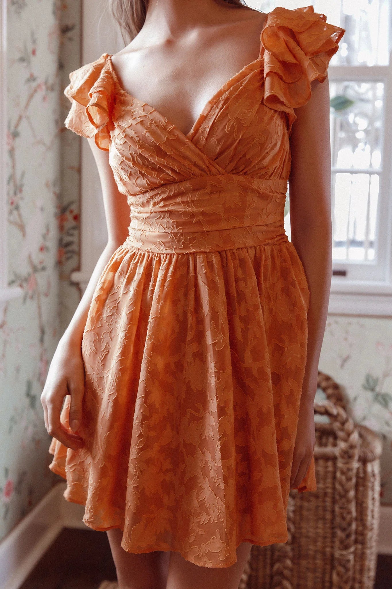 Lola Ruffle Shoulder Ruched Dress Textured Orange
