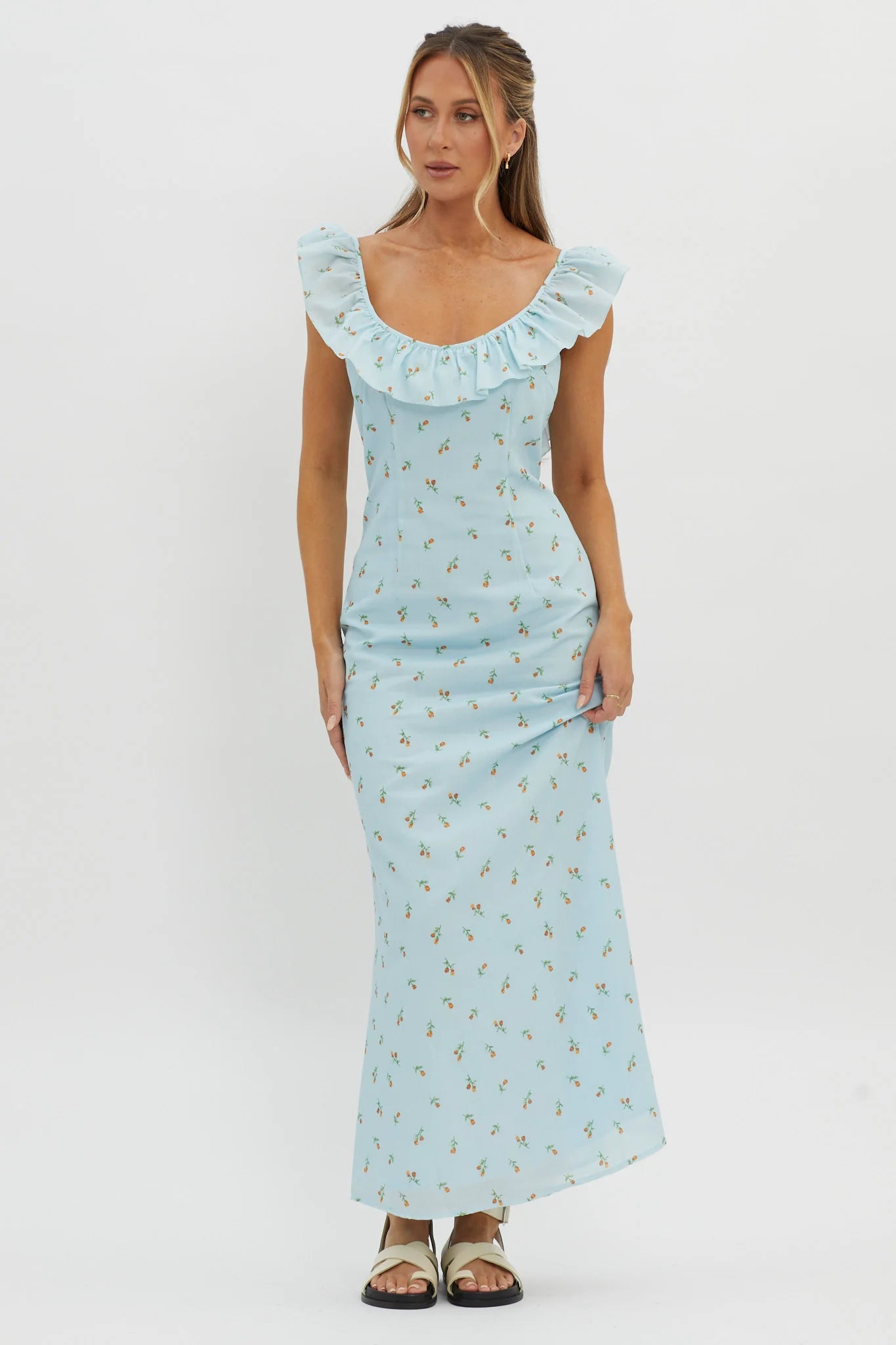 Merci Beaucoup Frill Neckline Maxi Dress Blue