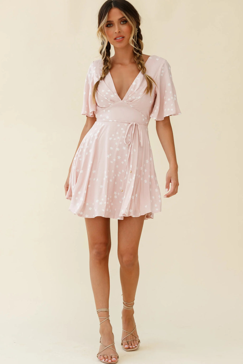 Dina V-Neckline Angel Sleeve Summer Dress Floral Print Pink
