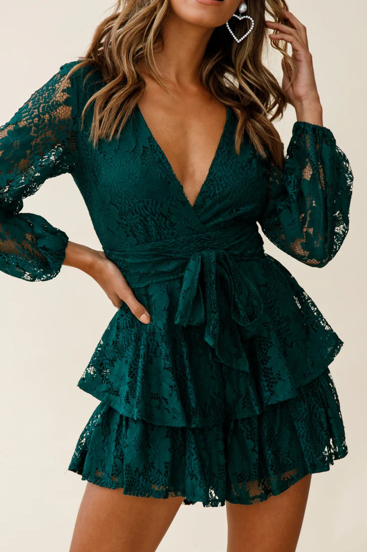 Maddox Fit & Flare Long Sleeve Romper Floral Lace Forest Green
