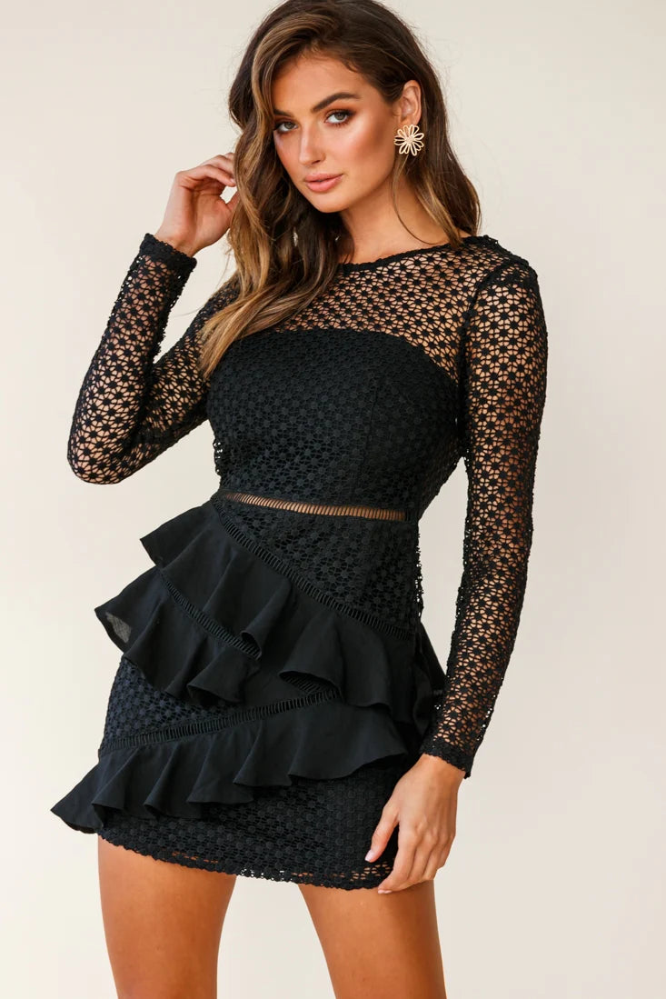 Aramis Long Sleeve Lace & Ruffle Detail Dress Black