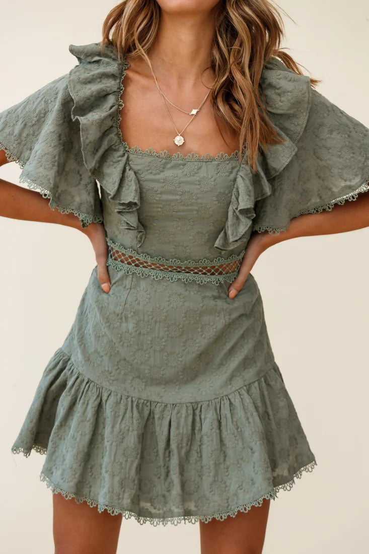 How Romantic Flounce Sleeve Lace-Up Back Dress Floral Embossed Olive