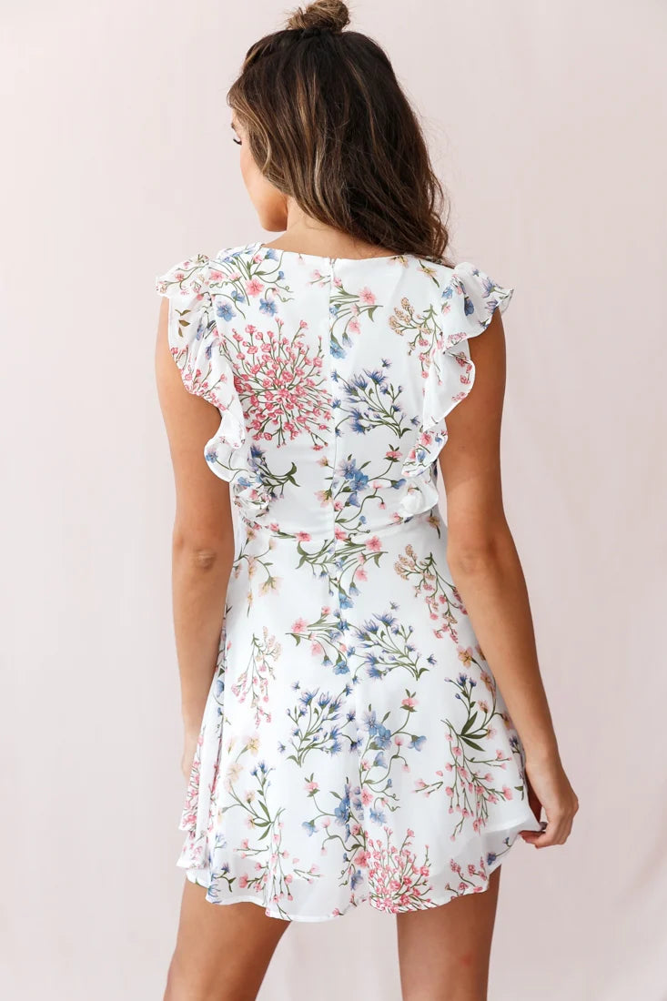 Maison Lace-Up Bust Ruffle Dress Ivory Floral