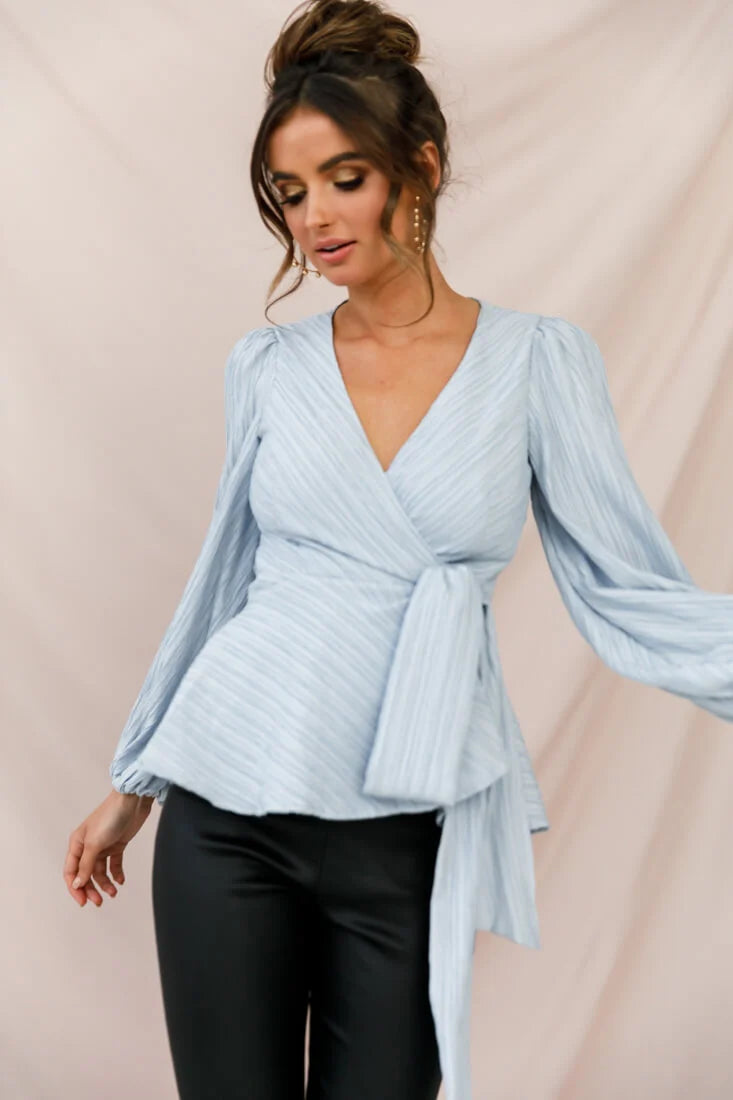 Macy Fit and Flare Wrap Top Blue