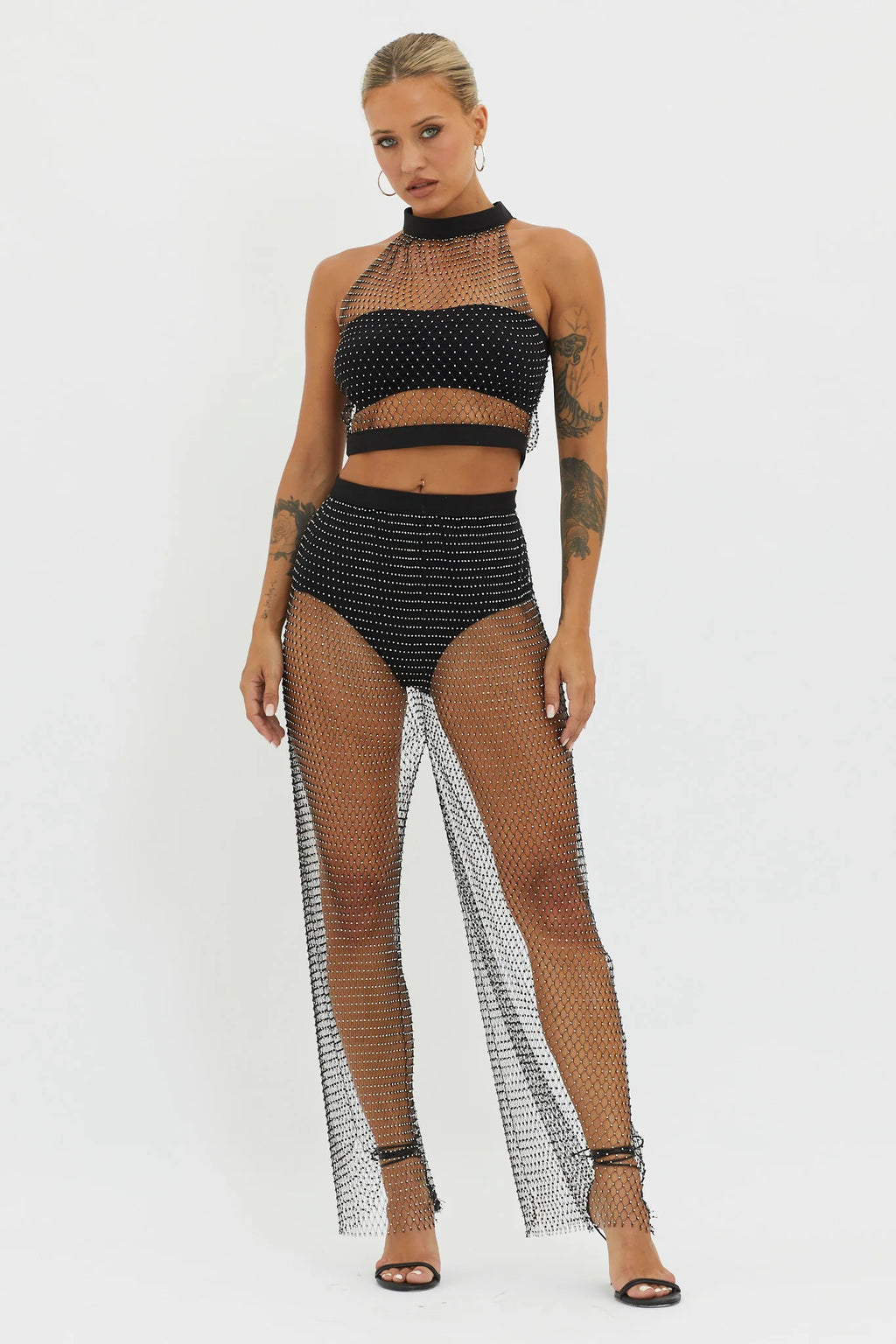 Moon Rock Diamante Mesh Top Black