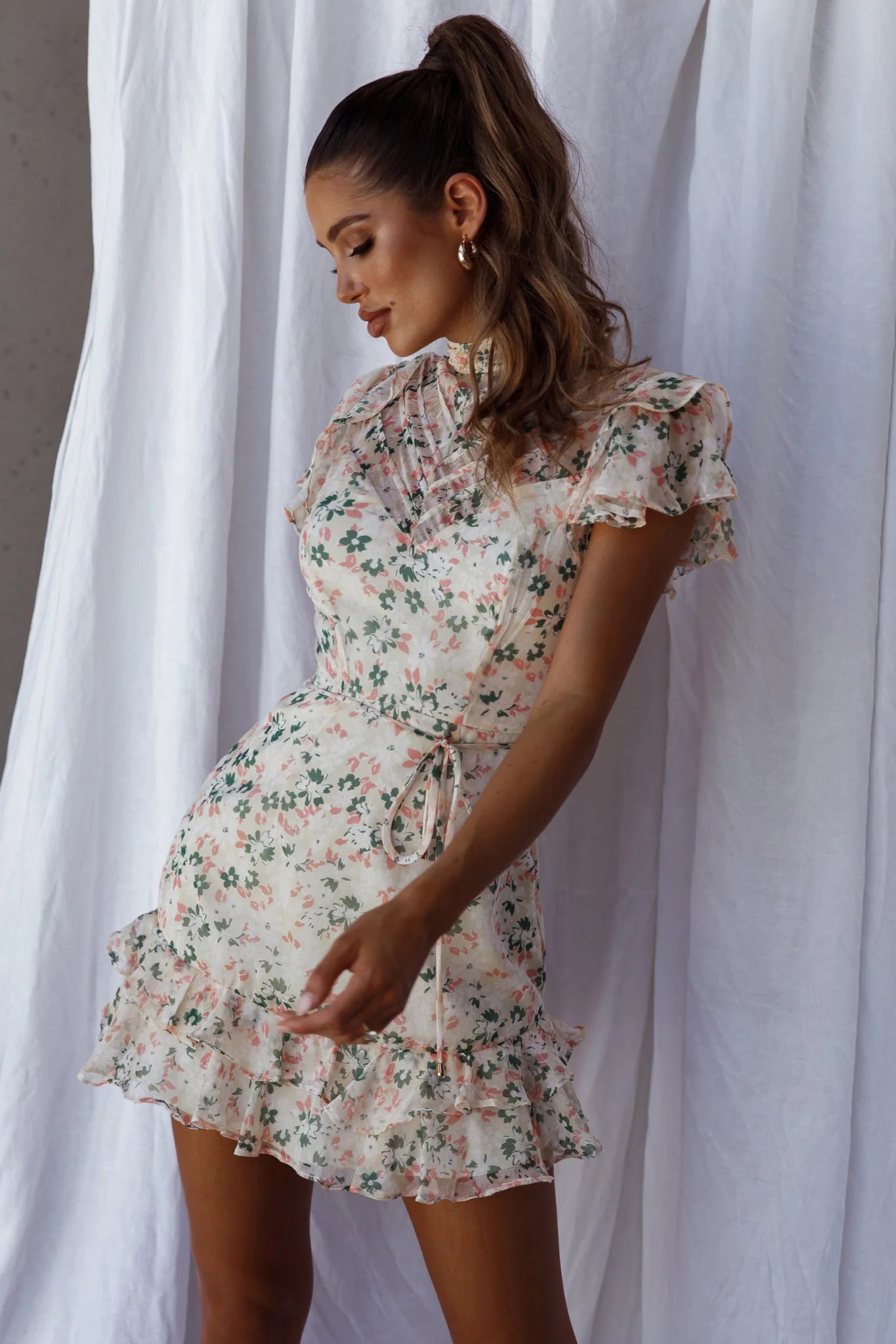 Lark High Neck Ruffle Sleeve Dress Flower Print Yellow