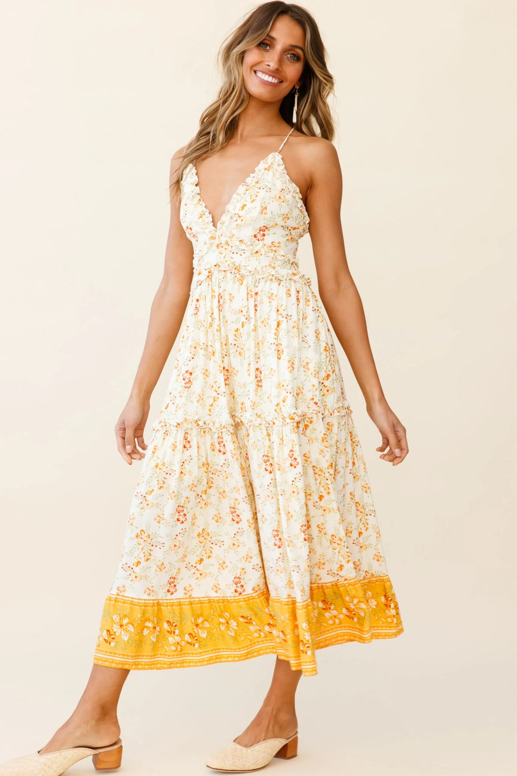 Laney Low Back Cami Strap Midi Dress Hibiscus Print Mustard