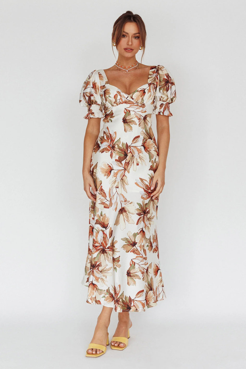 Brigita Tied Back Midi Dress Floral Brown