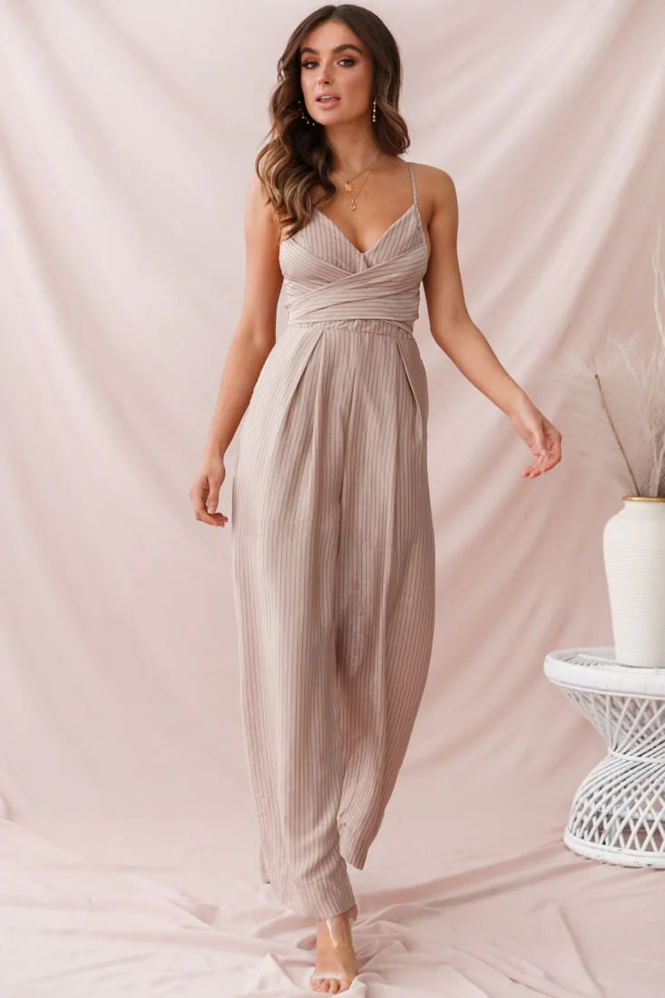 Nancy Wide Leg Pinstripe Jumpsuit Mocha