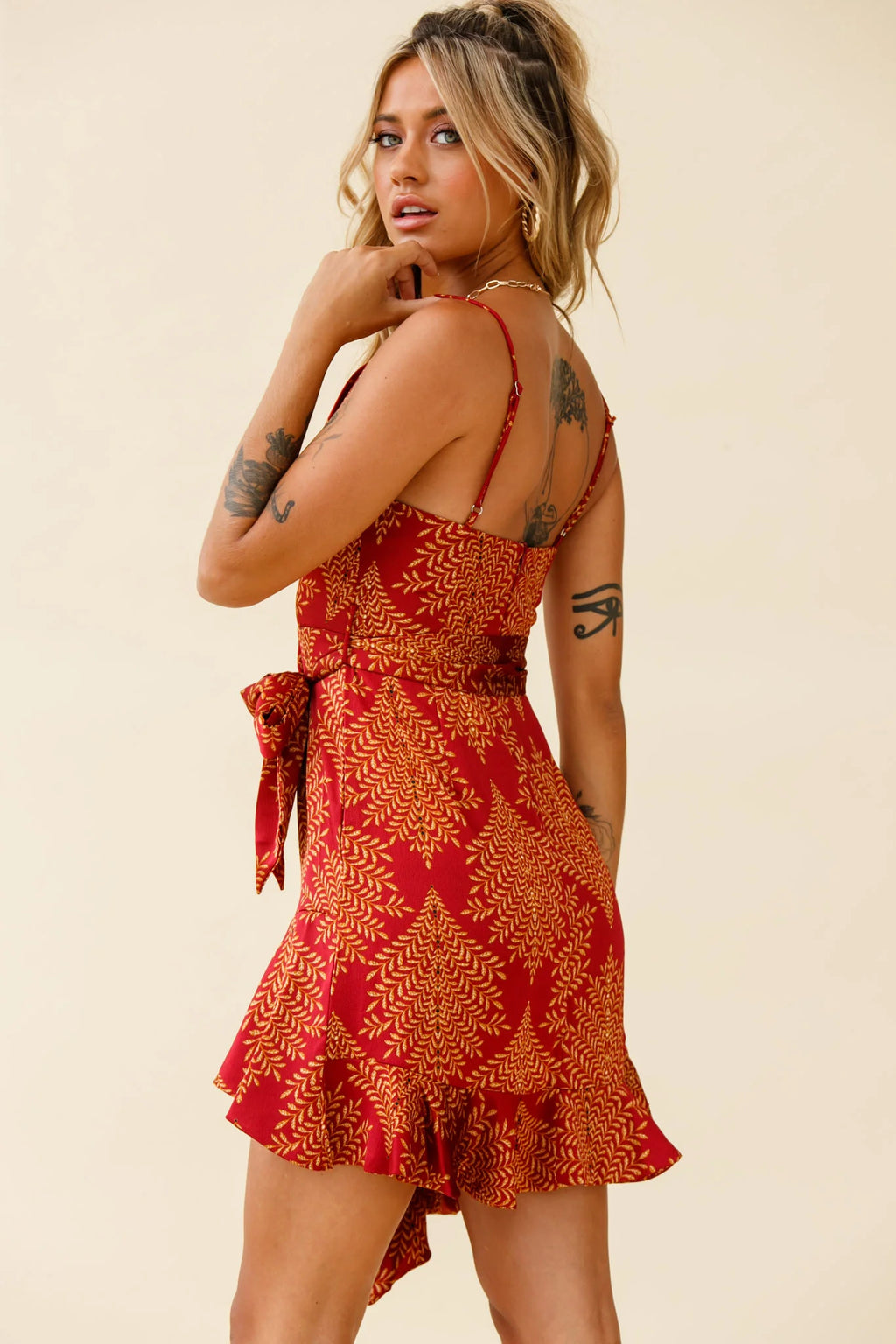 On The Prowl Cowl Neck Asymmetrical Hem Dress Leaf Print Wine