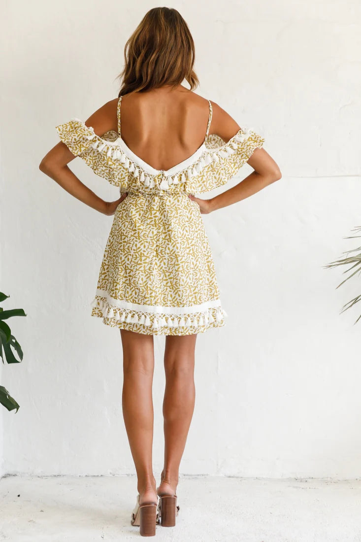 Hayman Cold-Shoulder Tassel Trim Dress Mustard Print