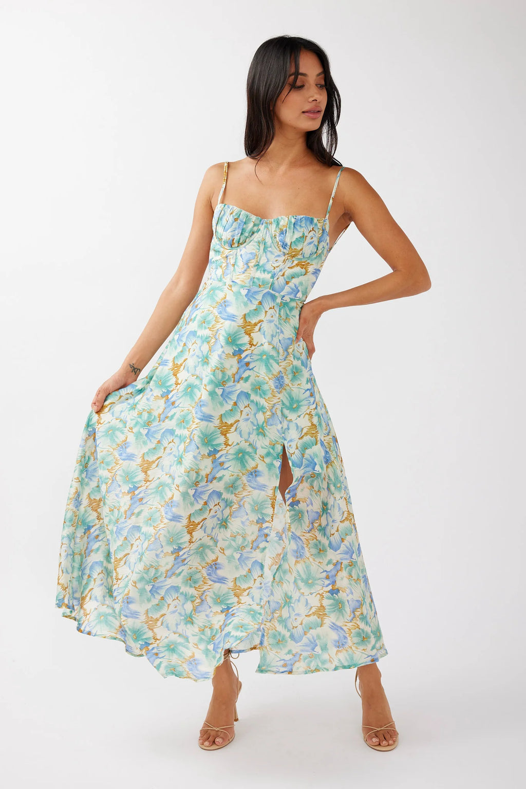 Echoes Tied Back A-Line Midi Dress Floral Green