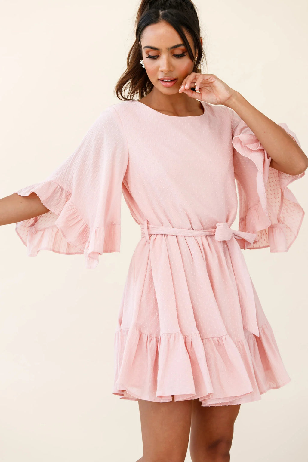 Joni Batwing Sleeve Waist Tie Dress Pink