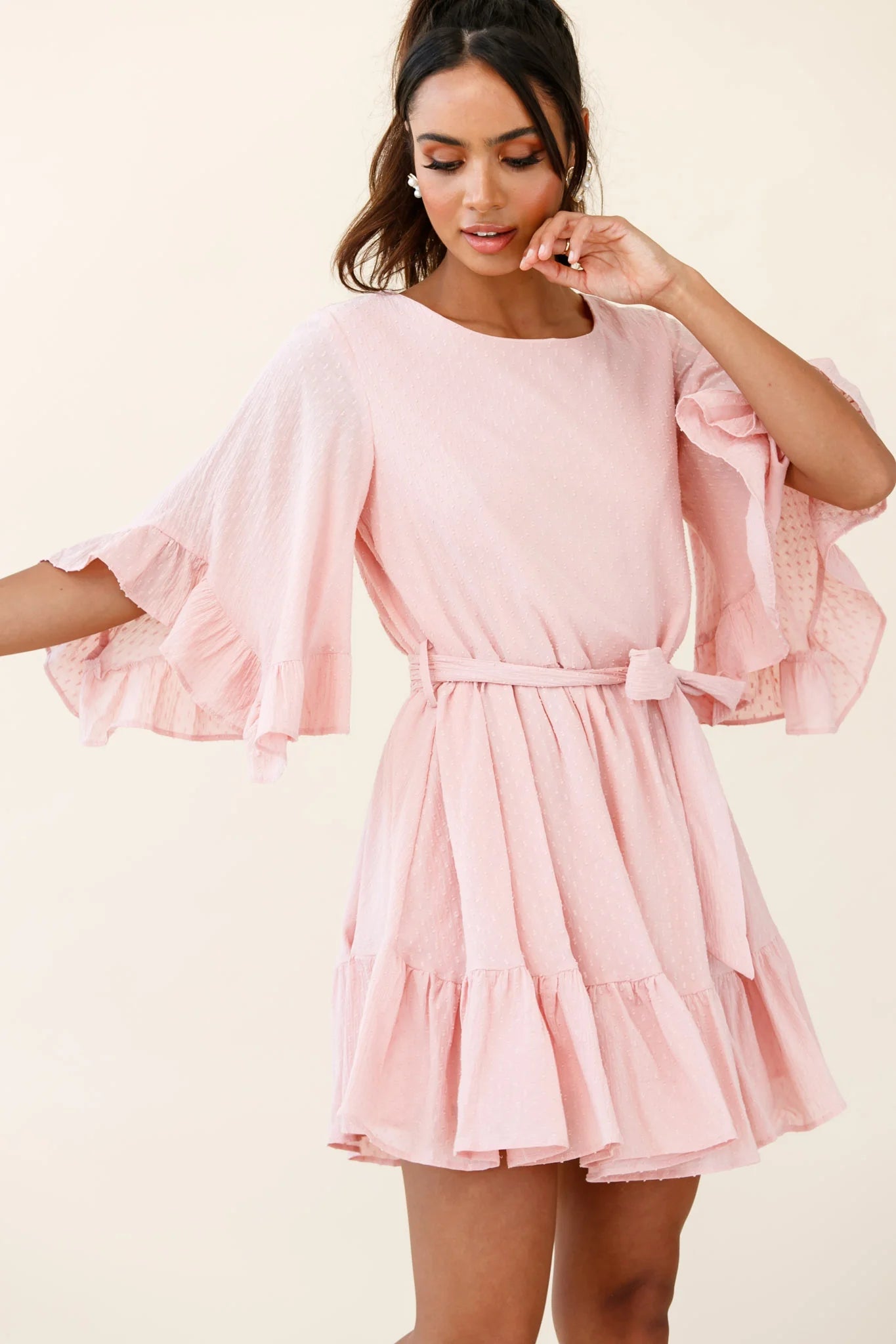 Joni Batwing Sleeve Waist Tie Dress Pink
