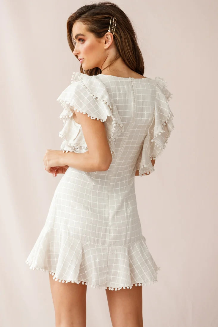 Marlow Double Ruffle Shoulder Dress Square Pattern Beige