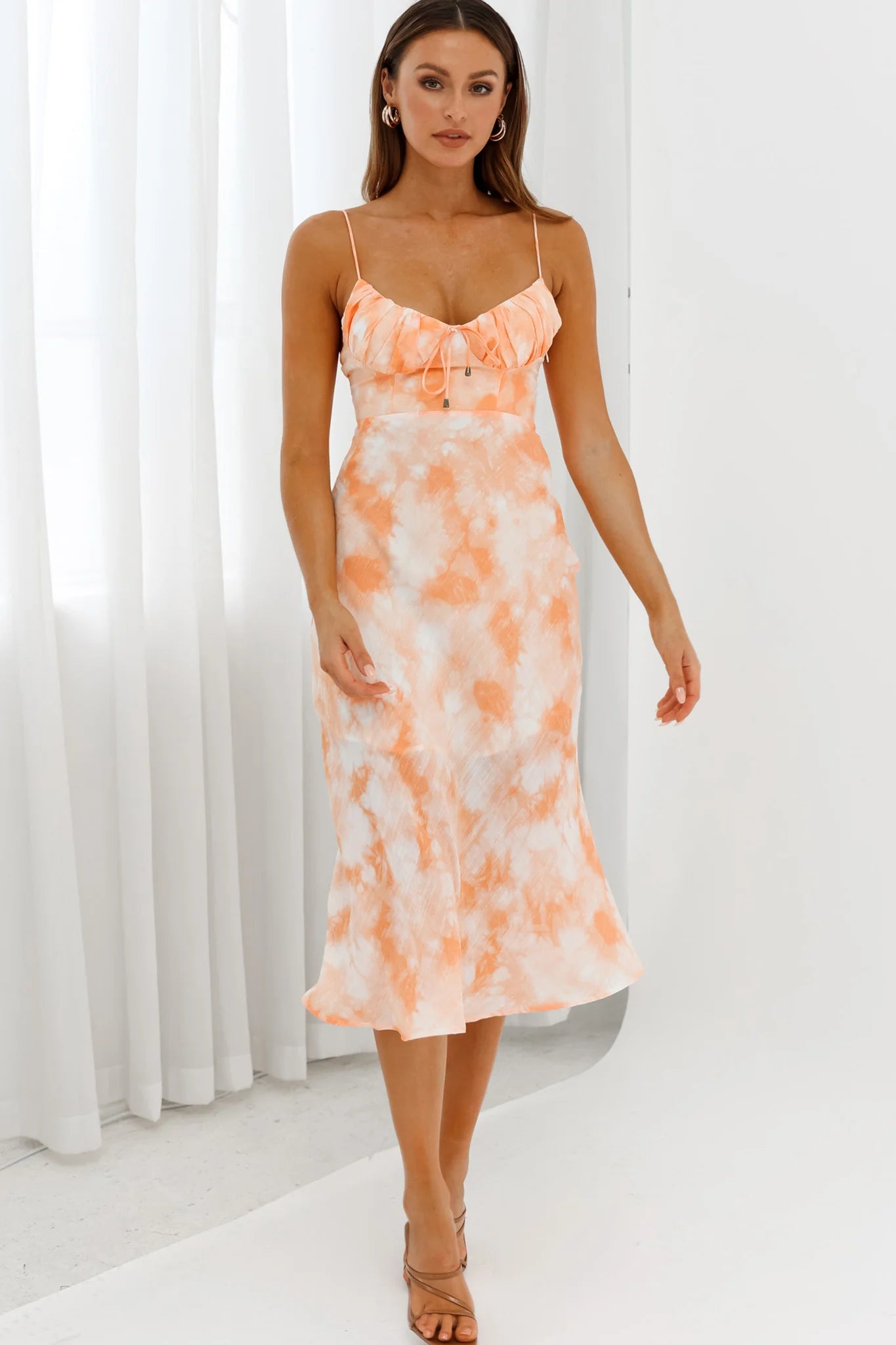 Malibu Gathered Bust Cami Strap Midi Dress Tie-Dye Orange