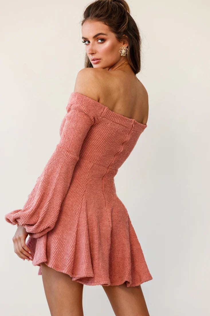 Morais Puff Sleeve Off Shoulder Fit and Flare Sweater Dress Rose