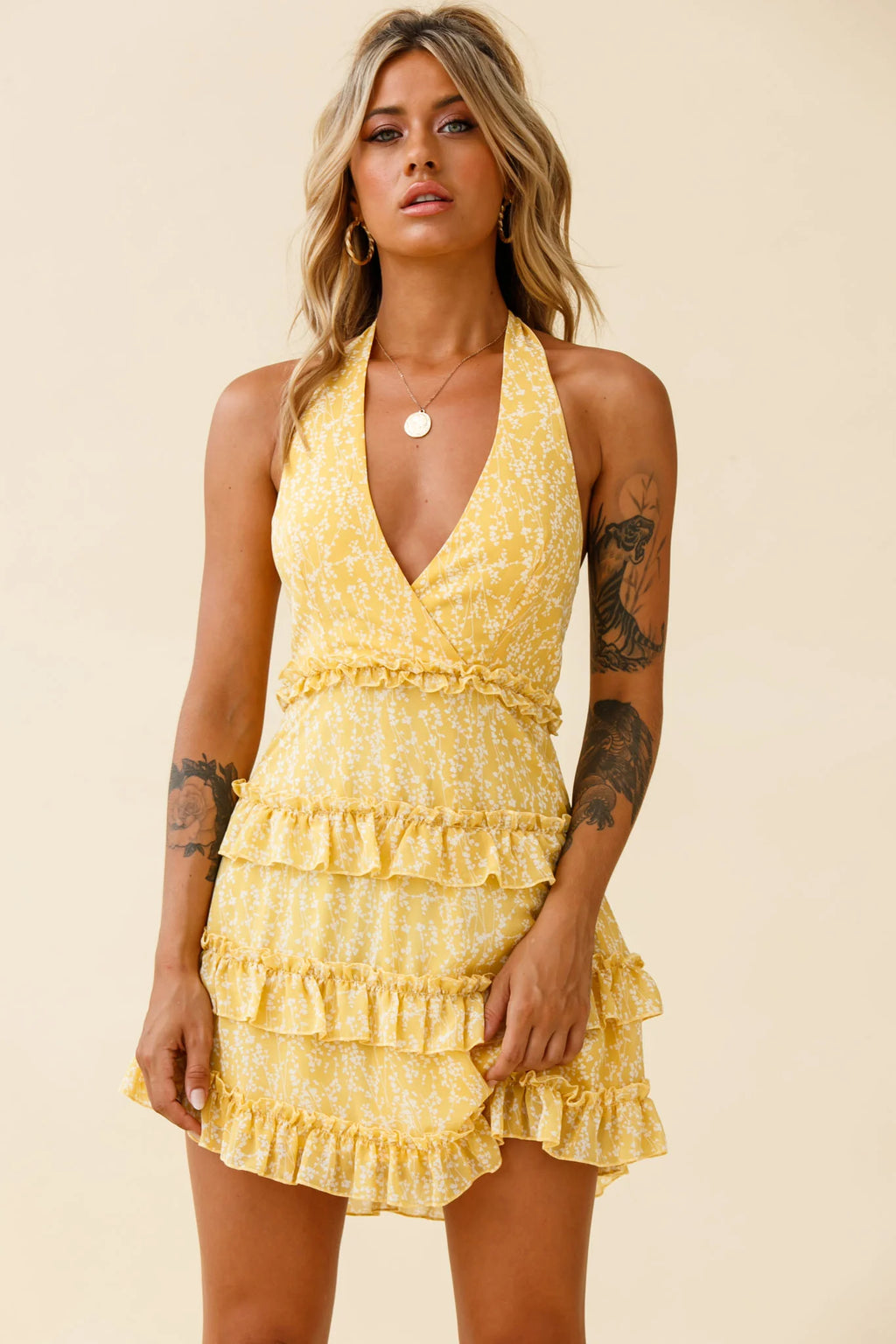 Venezuela Ruffle Trim Tie-Back Halterneck Dress Floral Print Yellow/White