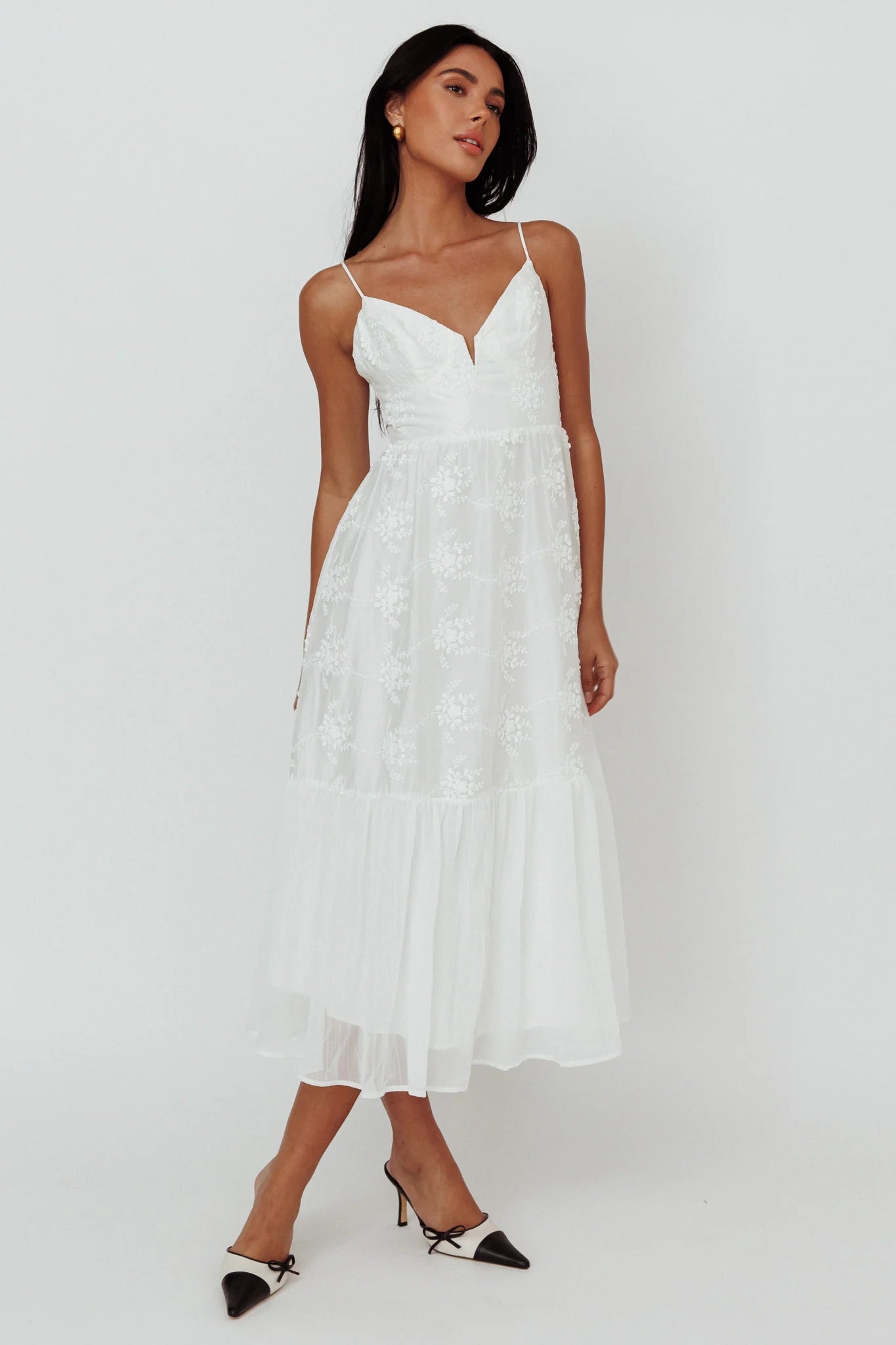 Lake Como Floral Embroidered Midi Dress White