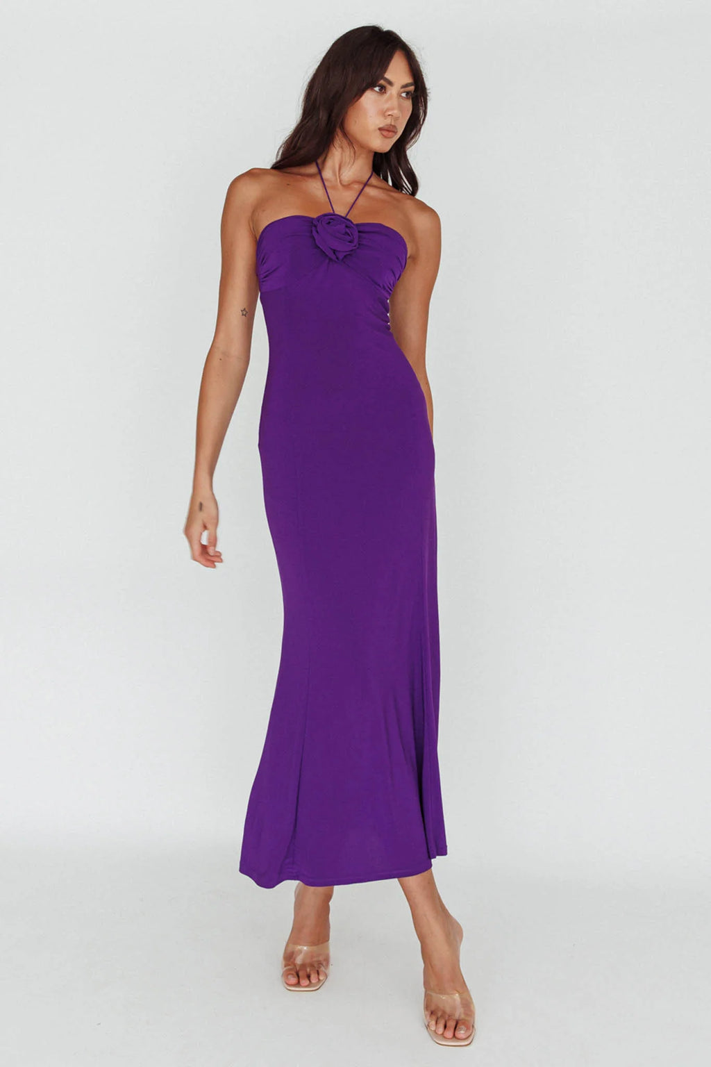 Ibiza Sunset Bust Flower Midi Dress Purple