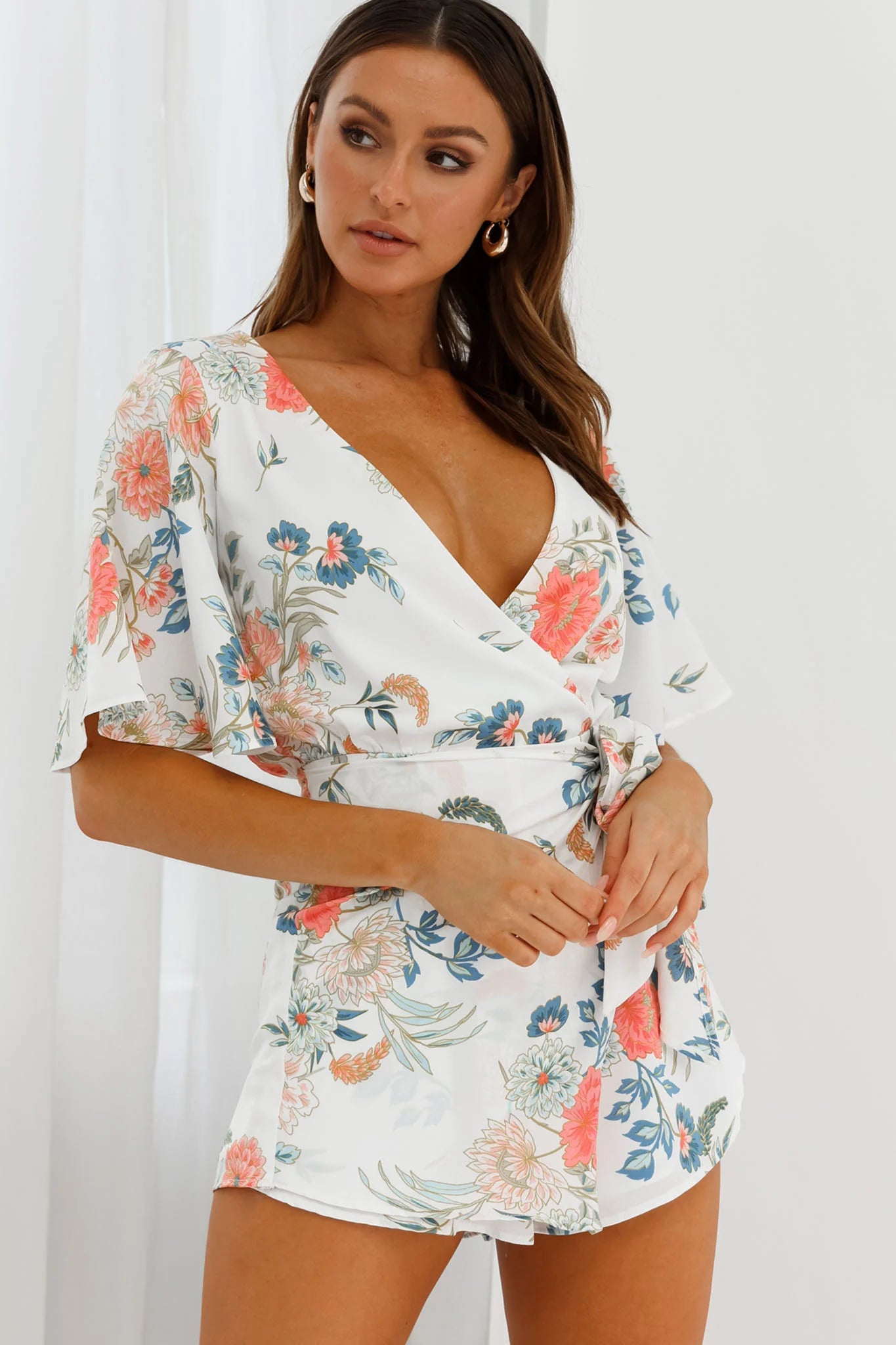 Nadi V-Neckline Wrap Romper Floral Print White