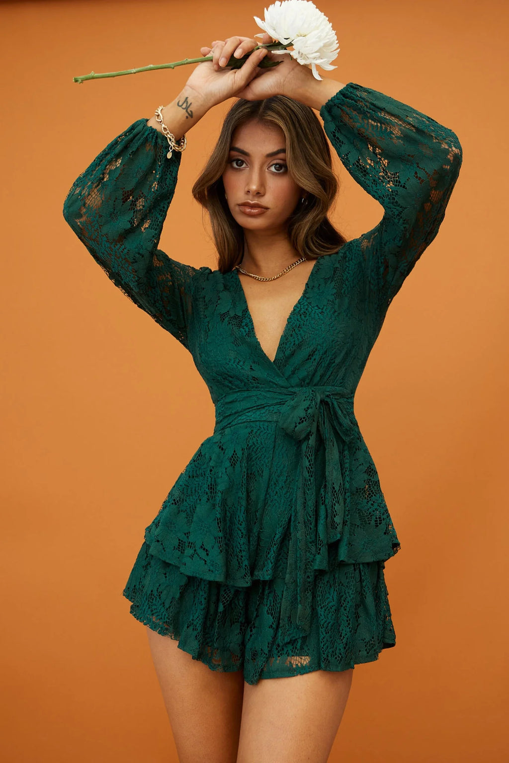 Maddox Fit & Flare Long Sleeve Romper Floral Lace Forest Green