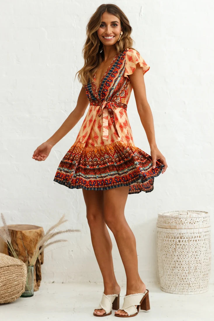 Mayan Angel Sleeve Waist Tie Dress Red Print