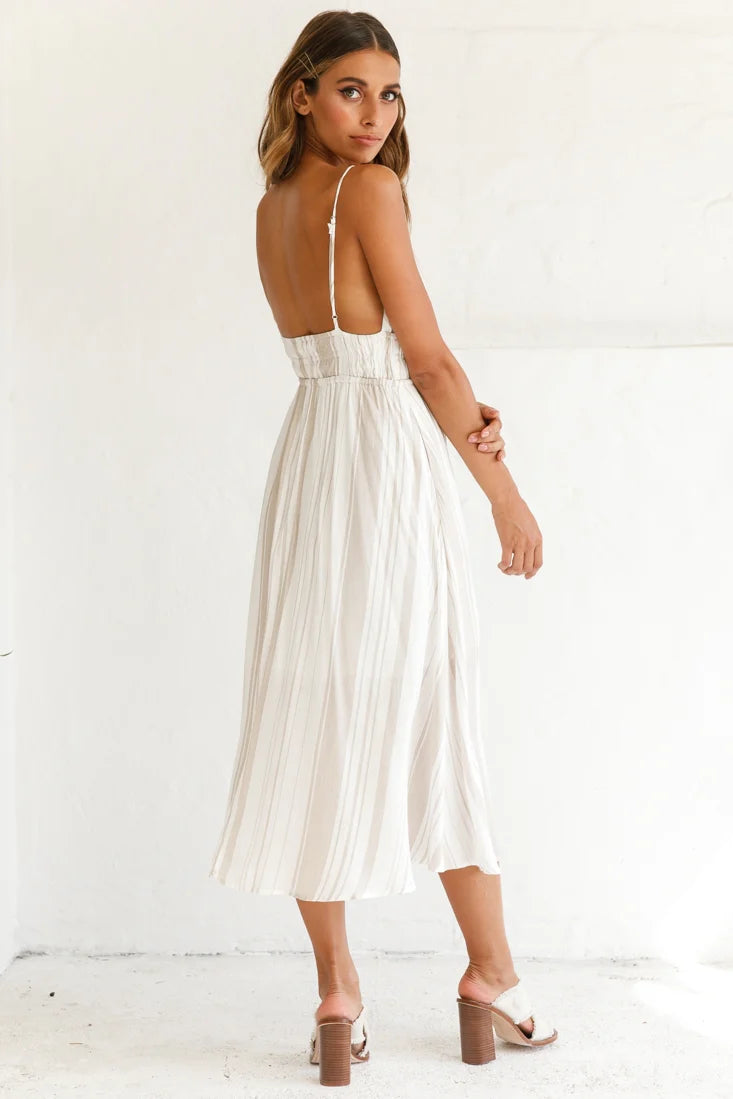Hosanna Drawstring Detail Pocket Midi Dress Stripe Print Mocha