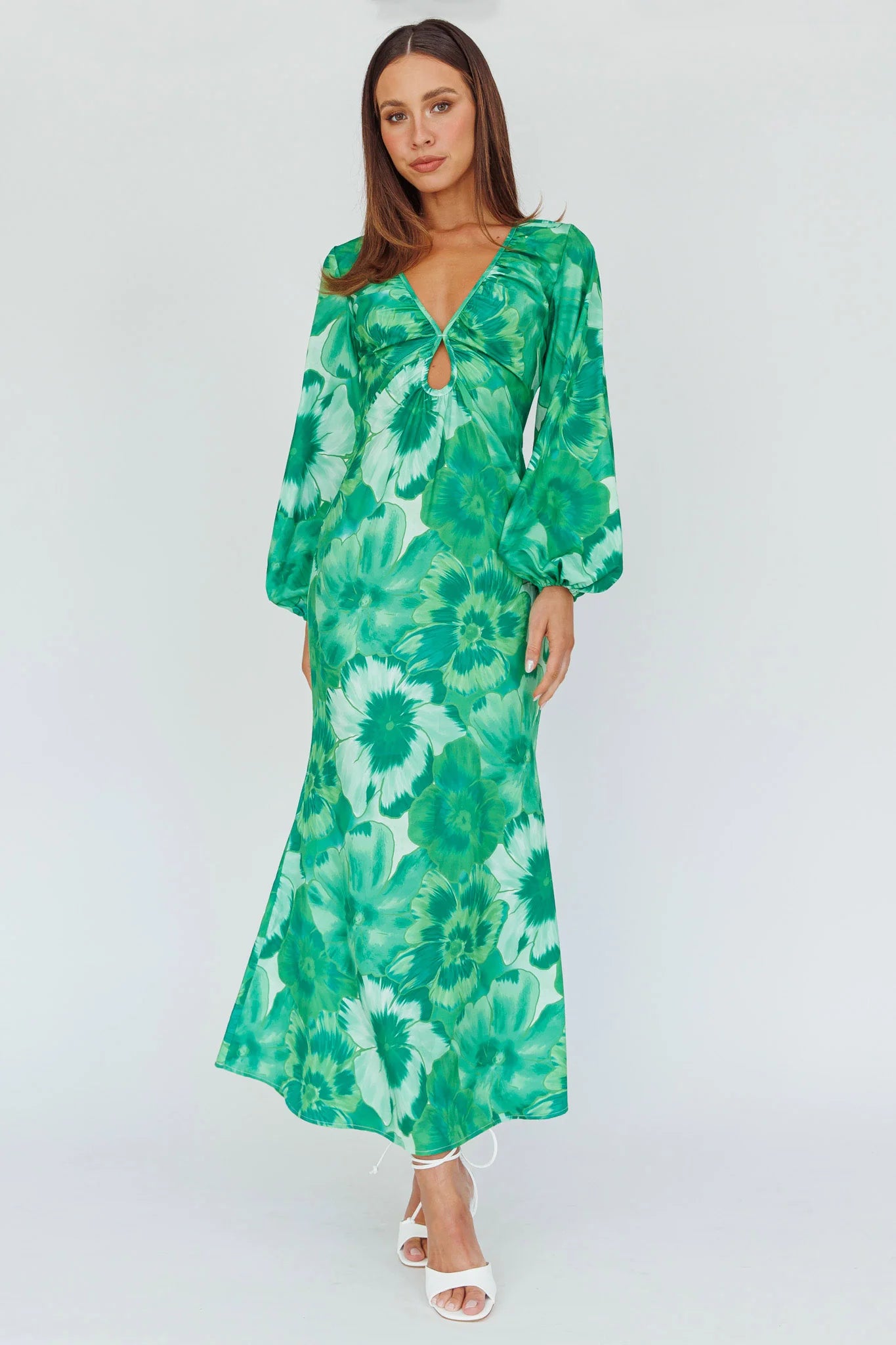 Yessica Balloon Sleeve Midi Dress Floral Green