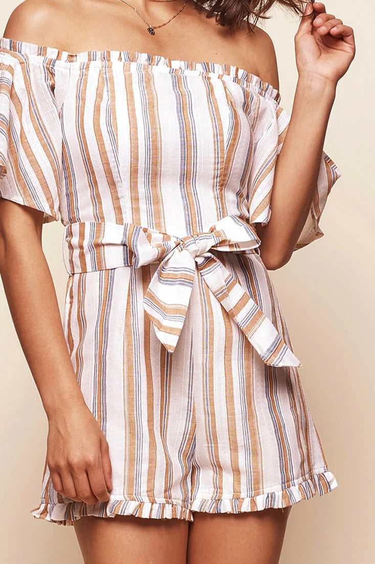 Terri Bardot Neckline Waist Tie Romper Blue/Tan
