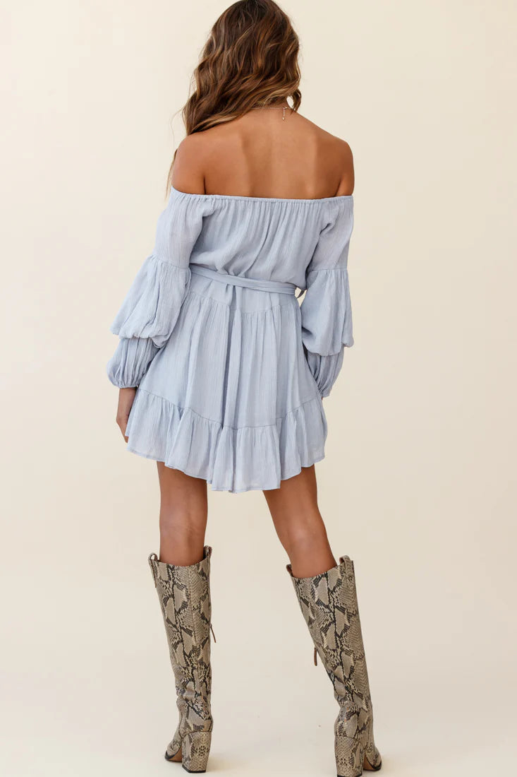 Frida Off-Shoulder Waist Tie Dress Grey