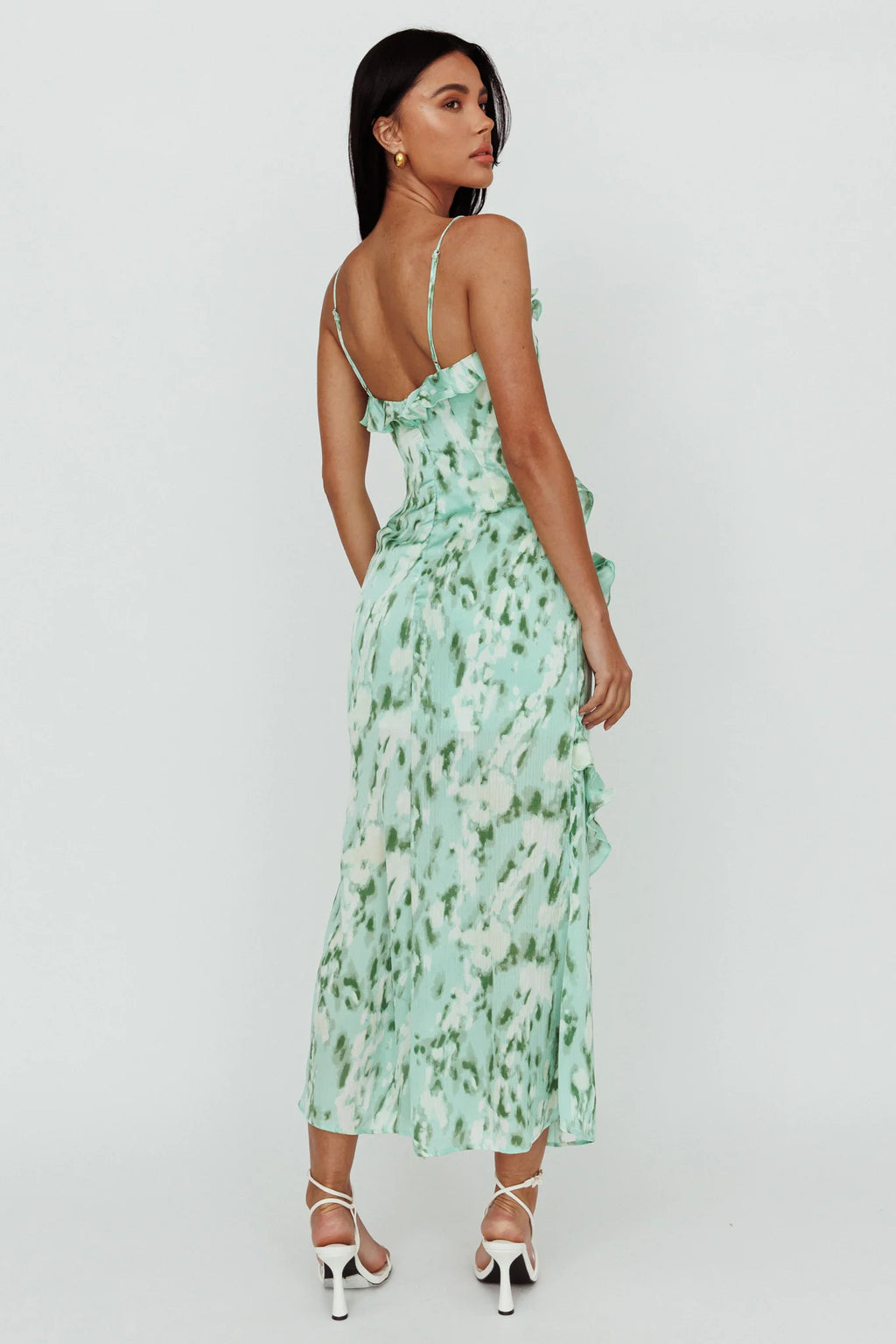 Silvana Frill Trim Midi Dress Print Green
