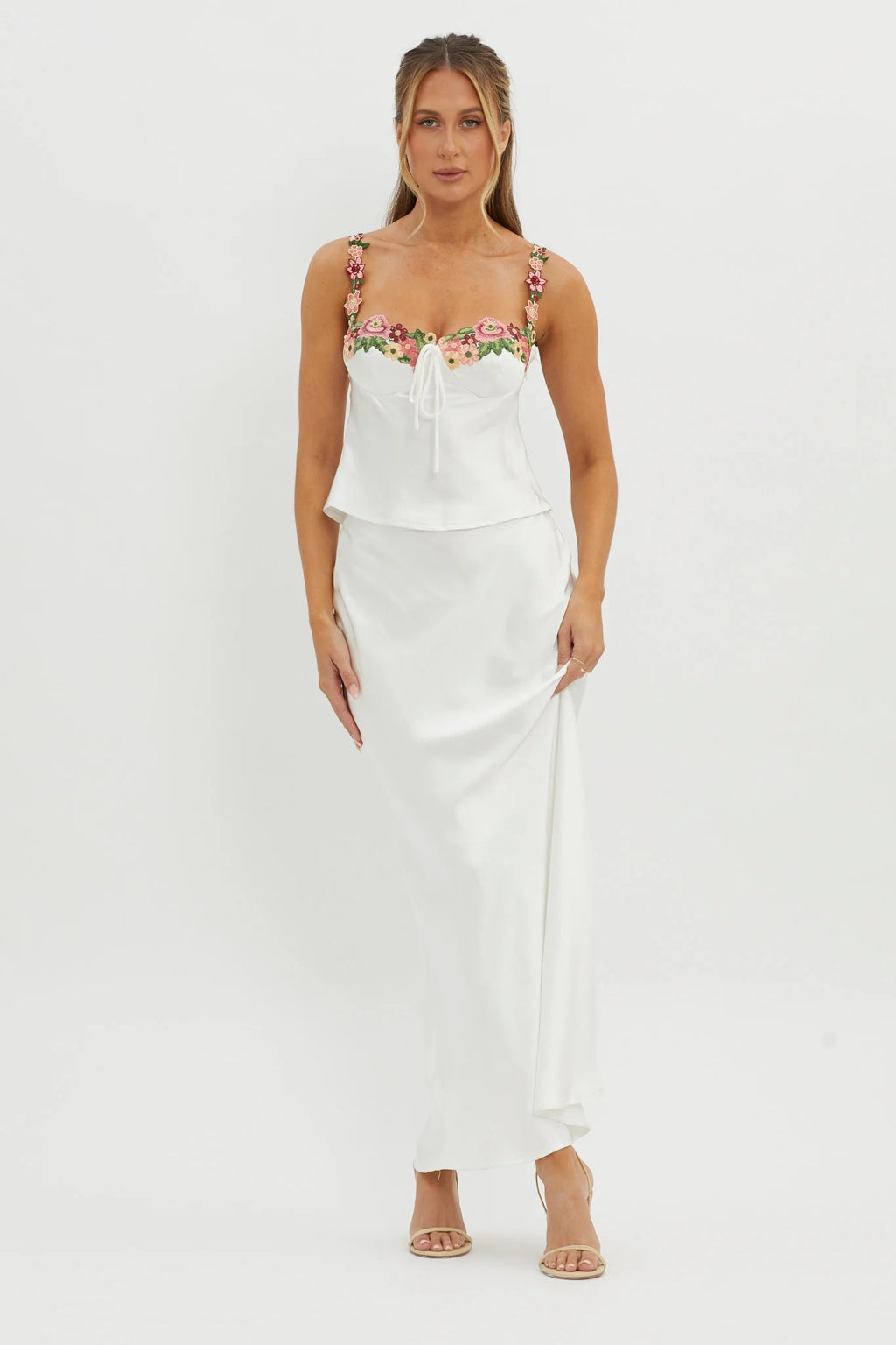 Rose Garden Satin Maxi Skirt White
