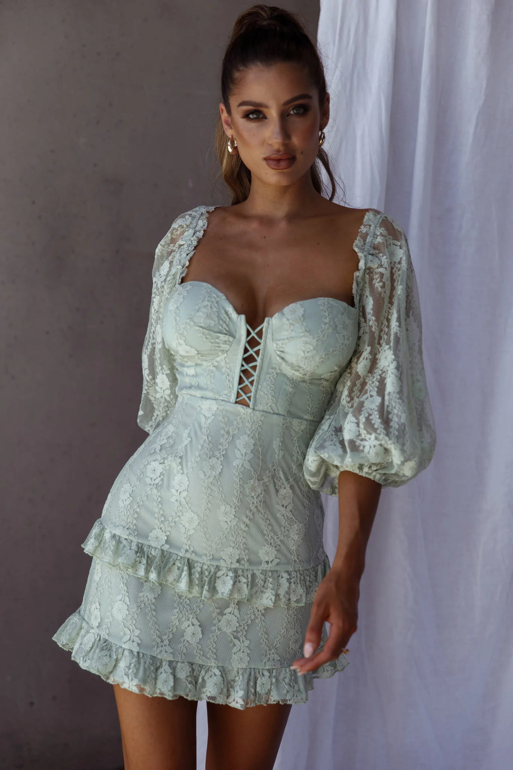 Hemingway Criss-Cross Bust Balloon Sleeve Frill Trim Lace Dress Sage
