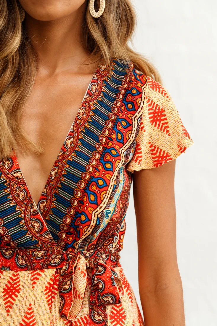 Mayan Angel Sleeve Waist Tie Dress Red Print