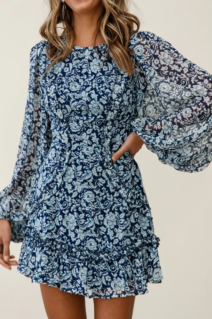 Mirabelle Long Balloon Sleeve Ruffle Hem Dress Floral Print Navy