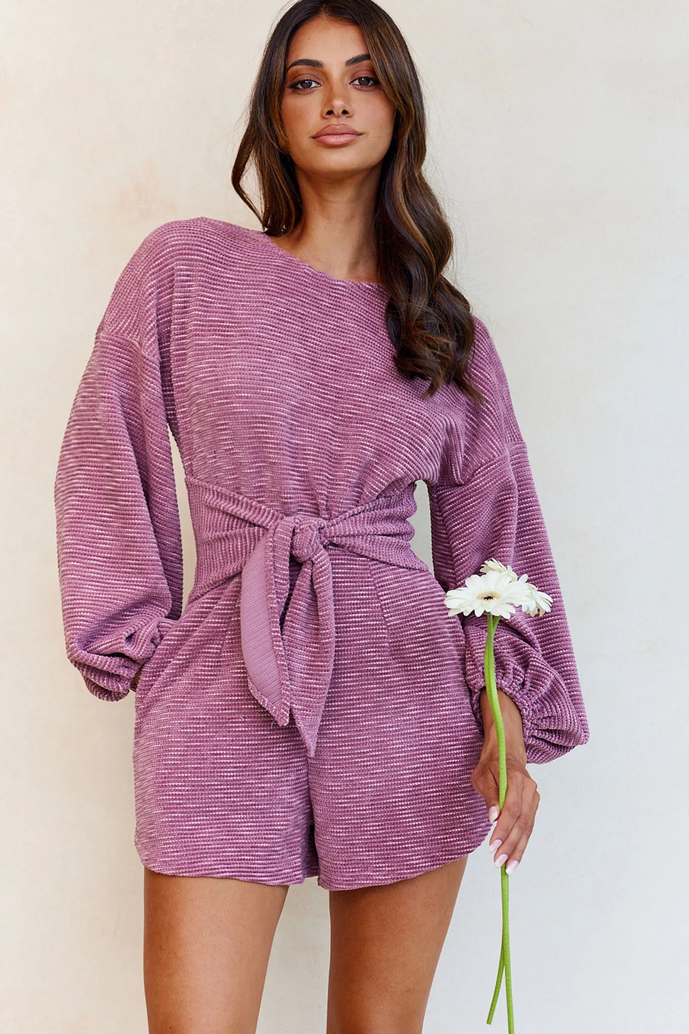 Windsor Long Balloon Sleeve Waist Tie Romper Mauve