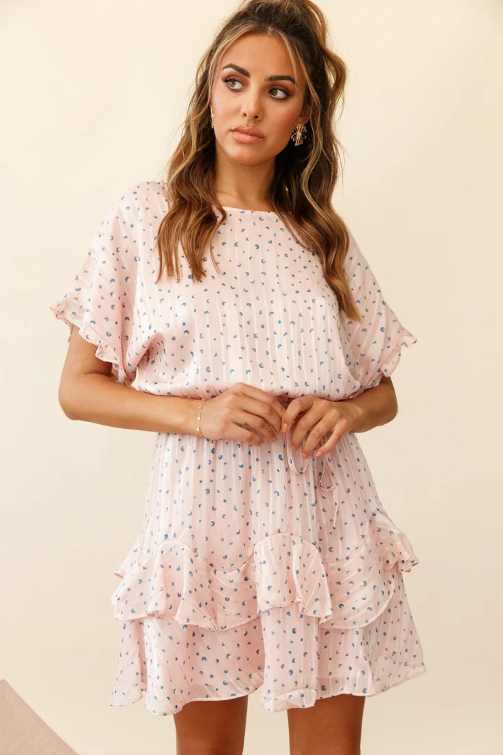 Mollina Frill Sleeve Layered Hem Dress Spot Print Blush