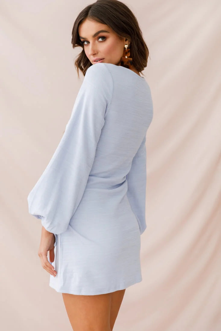 Rapt Waist Tie Bishop Sleeve Knit Dress Steel Blue