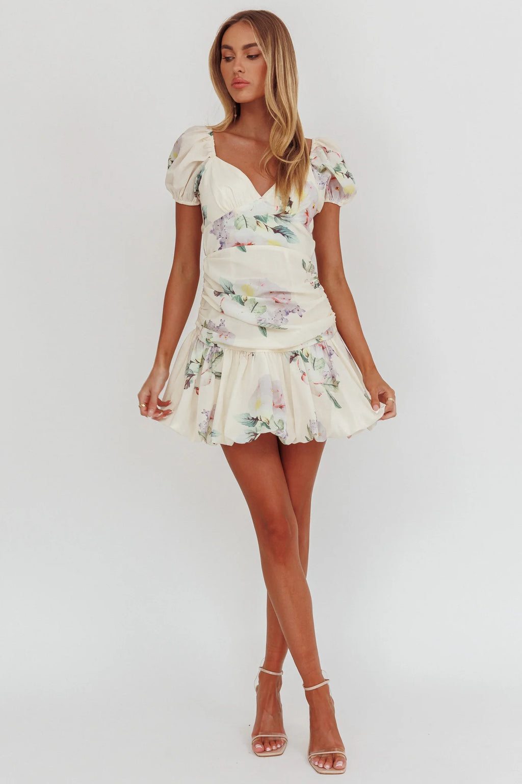 Annabella Puff Sleeve Tied Back Mini Dress Floral Butter