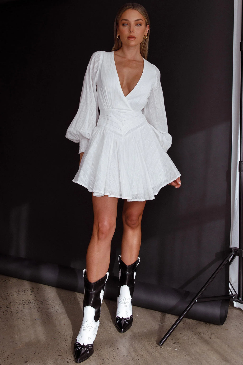 Sweet Escape Lantern Sleeve Pintuck Dress White