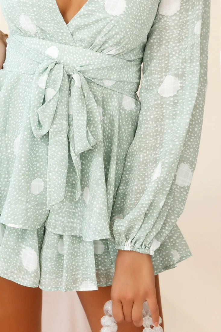Maddox Fit & Flare Long Sleeve Romper Polka Dot Print Green