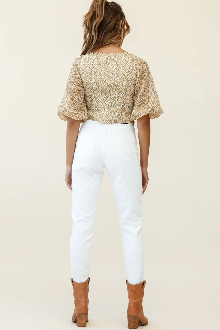 Taz Puff Sleeve Tie Front Top Leopard Print Mustard