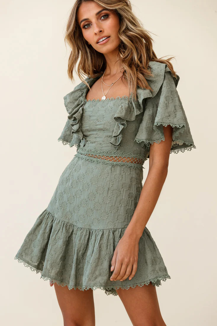 How Romantic Flounce Sleeve Lace-Up Back Dress Floral Embossed Olive