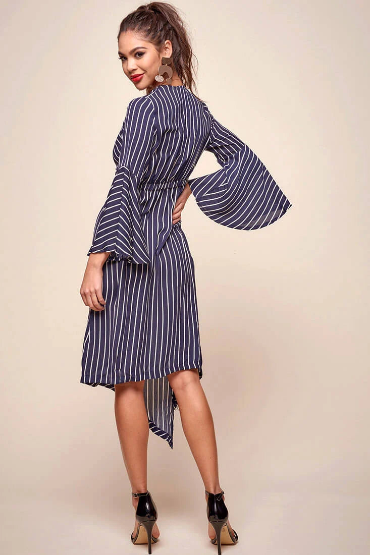 Jaedyn Waist Tie Bell Sleeve Dress Navy