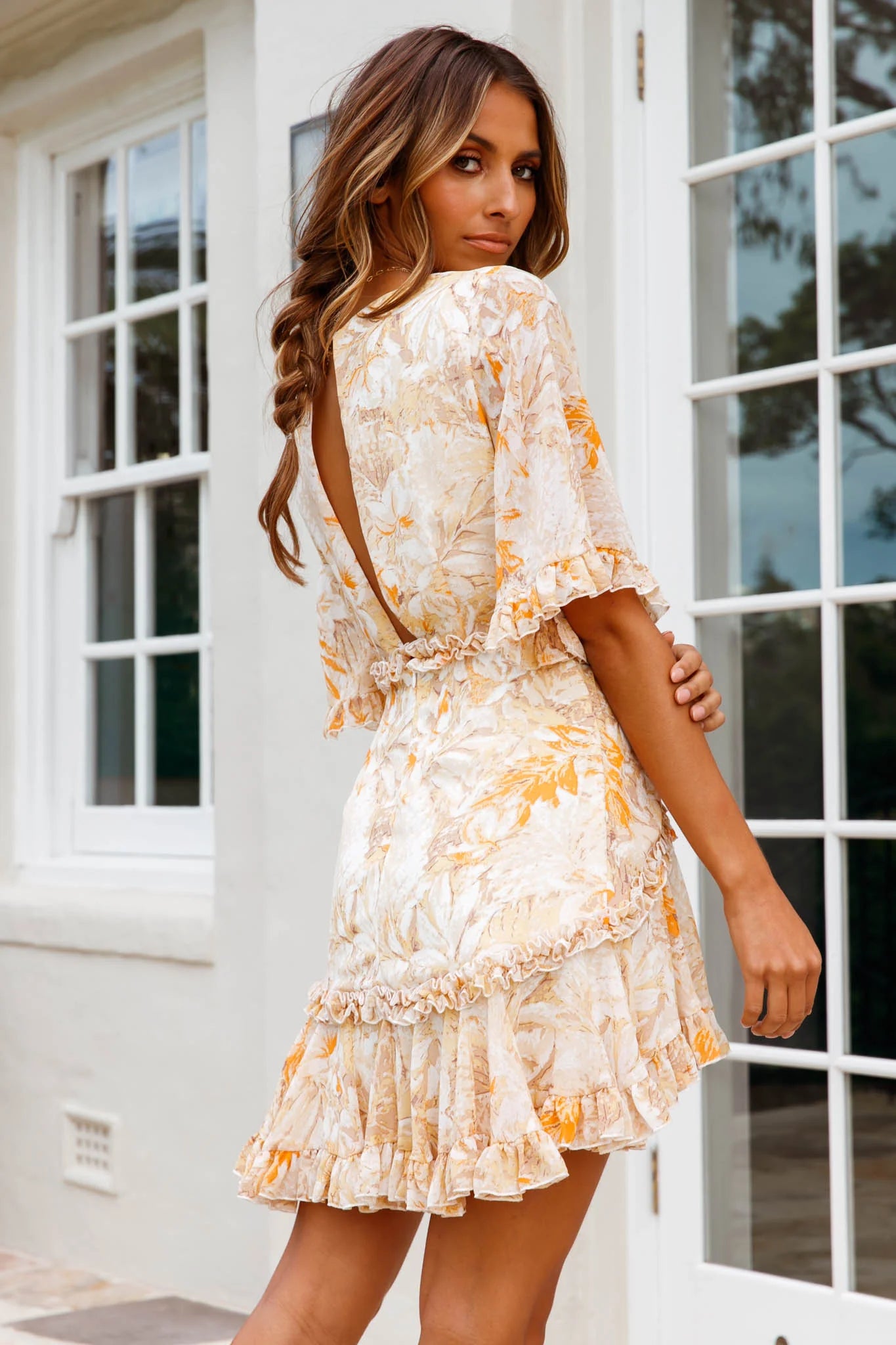 Leona Half Sleeve Frill Trim Dress Leaf Print Yellow Multi