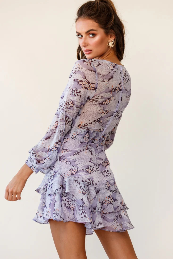 Kerry Layered Balloon Sleeve Dress Flower Pattern Lilac