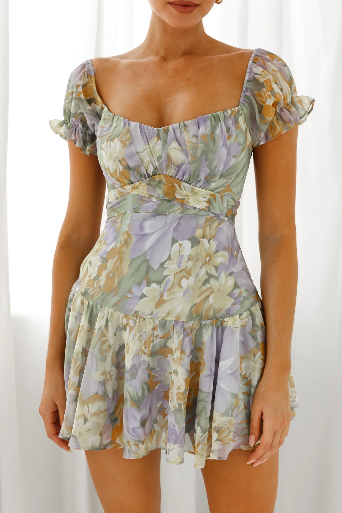 Linka Off-Shoulder Tie Back Fluted Hem Dress Floral Print Yellow