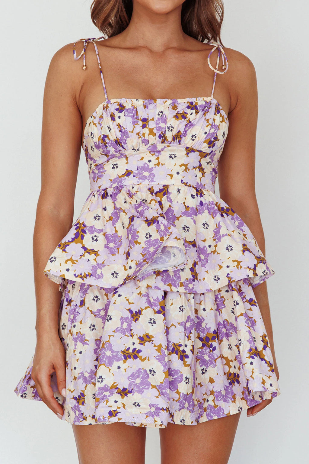 Dodi Tied Shoulder Layered Mini Dress Floral Purple