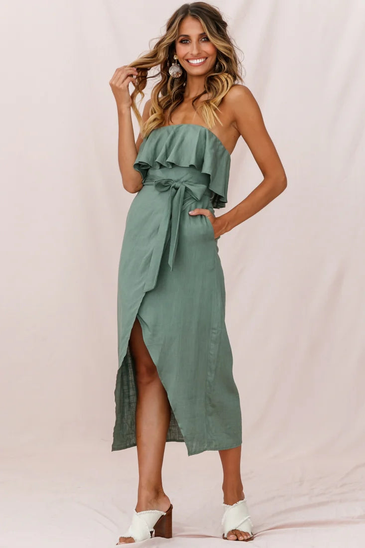 Hamilton Bandeau Ruffle Midi Dress Olive
